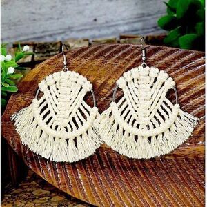 Bohemian Cream Fringe Macrame Statement Earrings Festival Beachy Hoops Jewelry